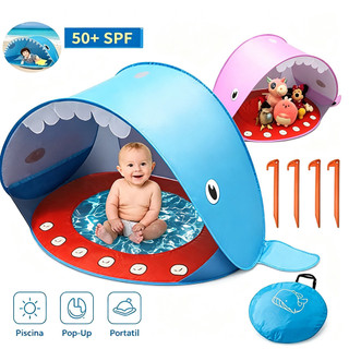 Barraca Tenda Praia Bebê Forma Baleia Pop‑Up Com Piscina Embutida Proteção UPF50+UV Portátil Dobrável Para Praia Jardim