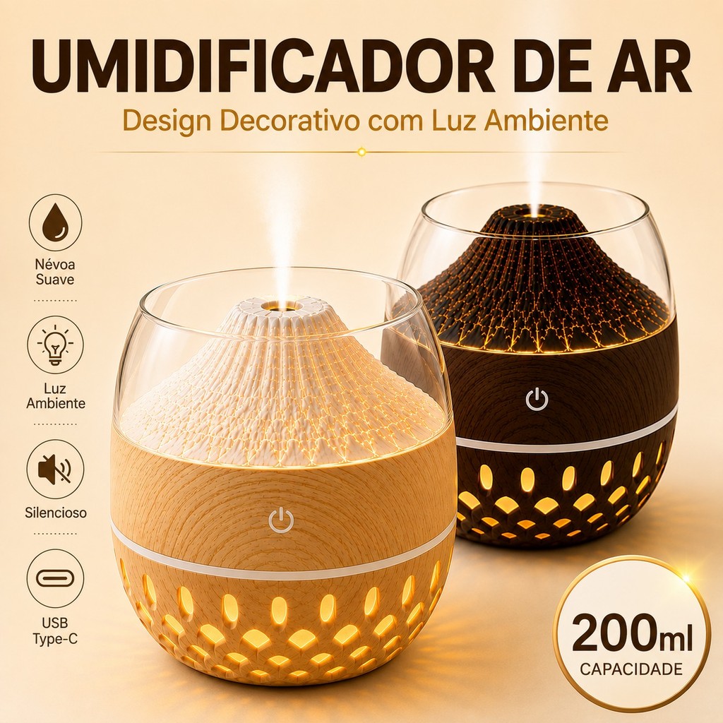 Umidificador de Ar 120ml USB Type-C com Luz Ambiente LED Névoa Suave Efeito Madeira para Quarto Sala Escritório