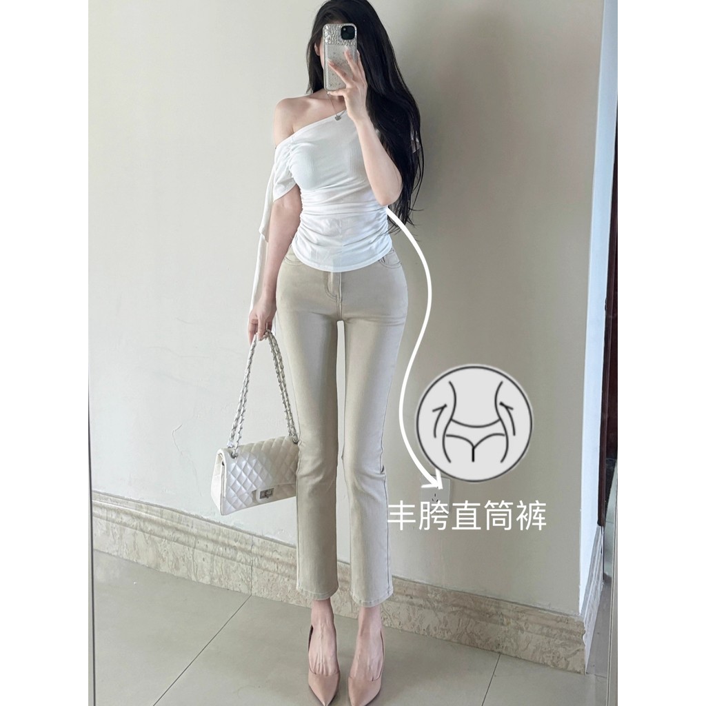 Cáqui Micro-Lap Jeans feminino 2026 outono inverno em linha reta magro-ajuste mais magro olhar elástico All-Match tornoz