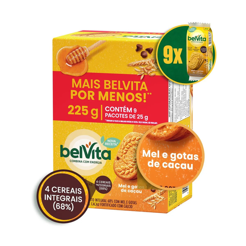 BISCOITO INTEGRAL BELVITA MEL E GOTAS DE CACAU 225g