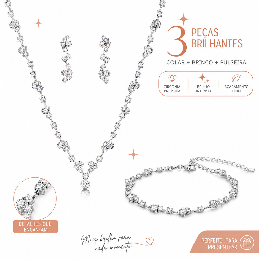 Conjunto Colar Brinco Pulseira Zircônia Diamante Corrente Garra 3 Peças Prata Banhado Ouro Cristal Luxo Elegante
