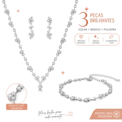 Conjunto Colar Brinco Pulseira Zircônia Diamante Corrente Garra 3 Peças Prata Banhado Ouro Cristal Luxo Elegante