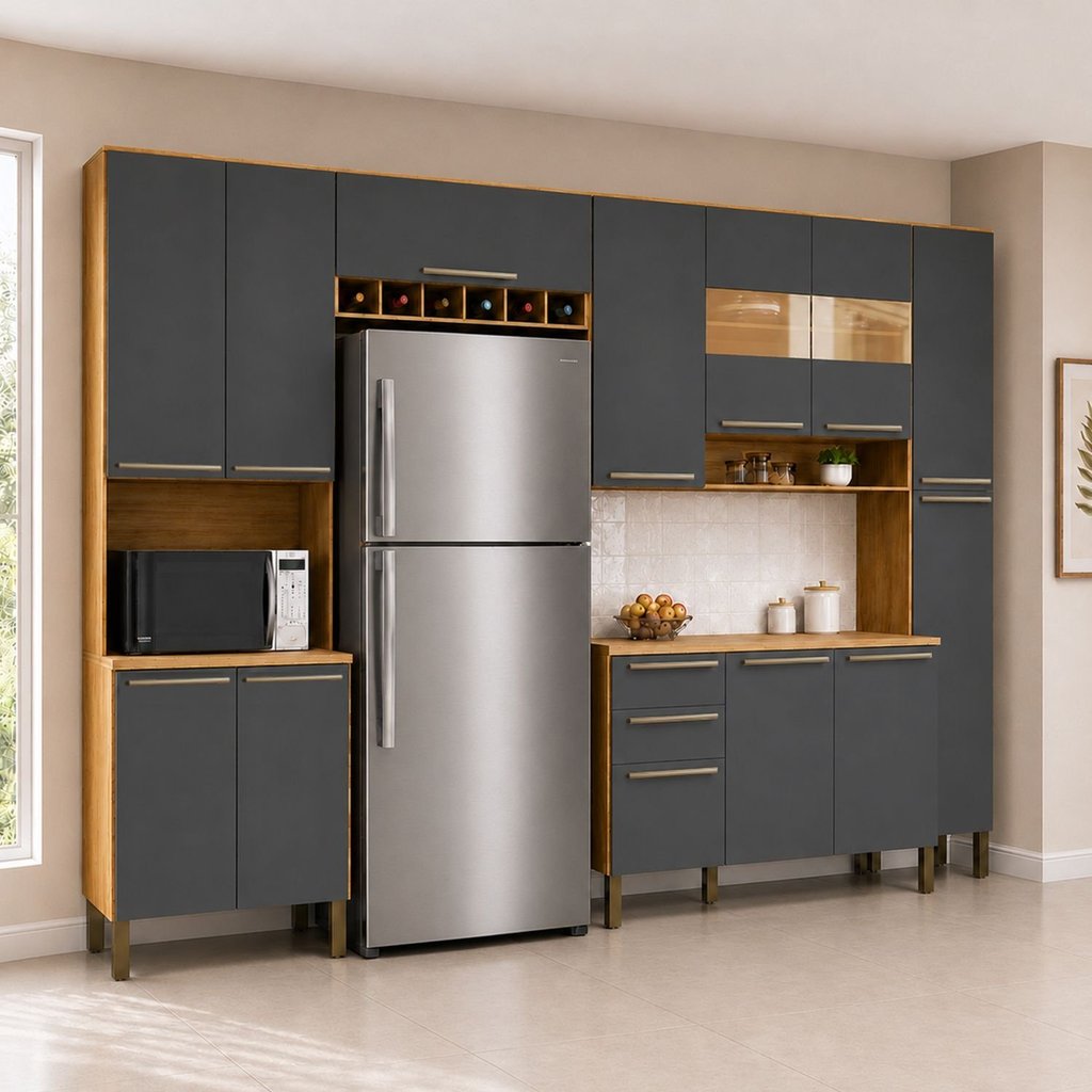 Cozinha Completa 100% Mdf com 5 Peças 13 Portas e 2 Gavetas com Vidro e Tampo Itália Espresso Móveis Amêndoa/Chumbo