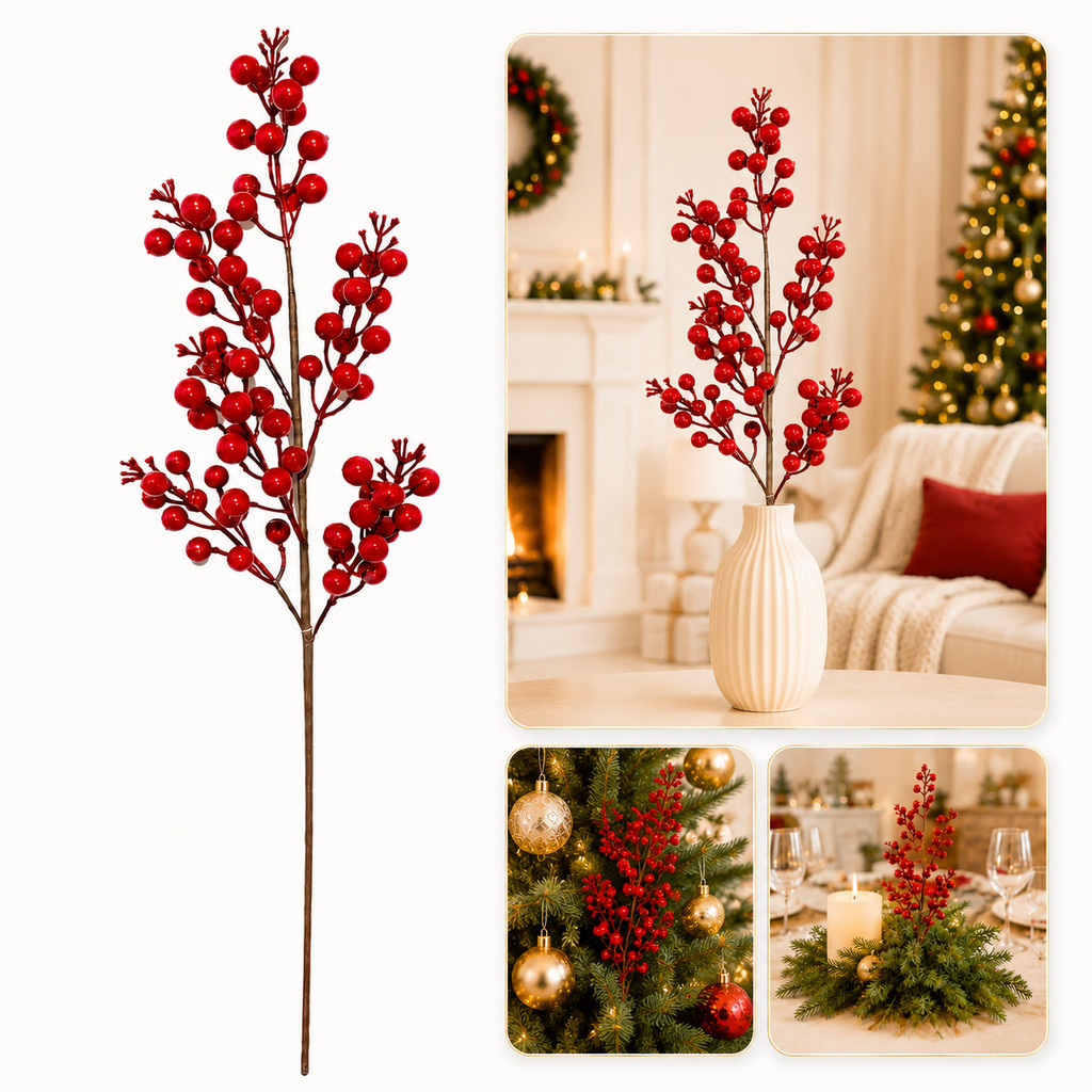 Galho Berry Vermelho Decorativo 50 cm para Natal Mesa Posta Arranjos e Árvore