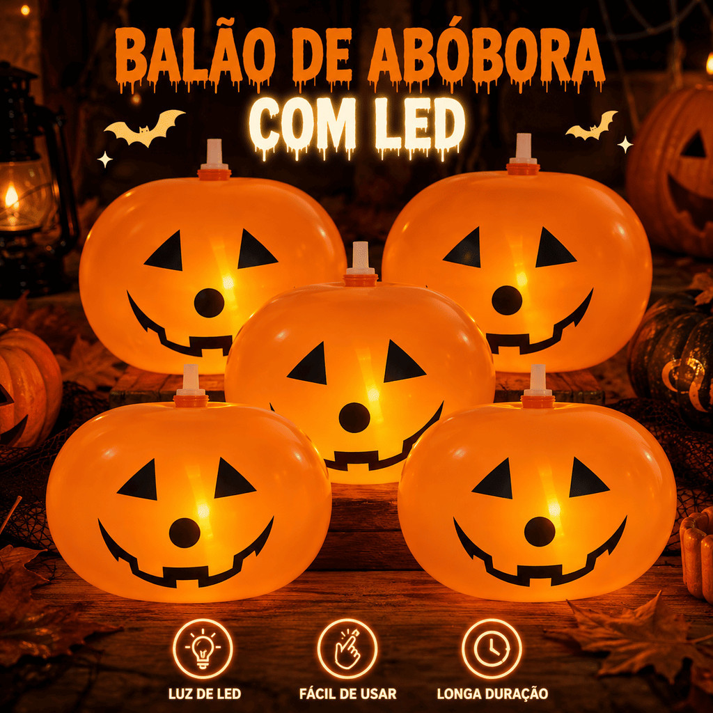 Kit Balões Halloween Abóbora com LED Bexiga Temática Decorativa para Festa 1 ou 2 pacotes