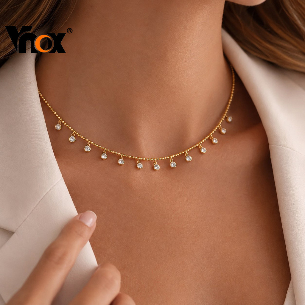 Colar Gargantilha Vnox Ouro 18K De Aço Inoxidável Com Corrente De Clavícula Para Mulheres , Presente De Joia De Zircônia