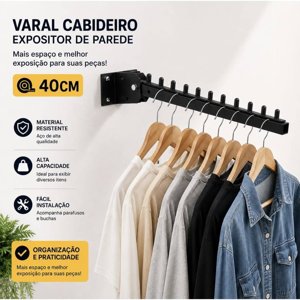 Arara De Cabide De Parede Preto 40 cm RT de Parede Reforçado