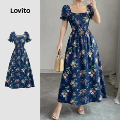 Lovito Padrão de Vestido Boho Plissado Vestido Primavera/verão para Mulheres LBL37046