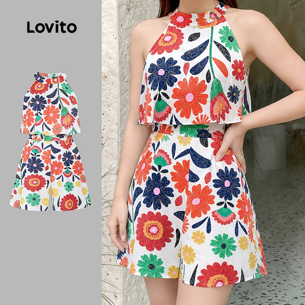 Lovito Boho Macacão Nacional de Estilo de Duas Camadas para a Primavera/verão feminino L198ED116