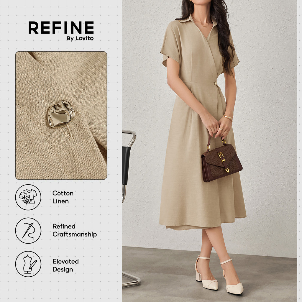 (Refine by Lovito) Vestido Social Linho AntiUmidade Cruz Metal Marrom Feminino Primavera/Verão DRR42P1D050