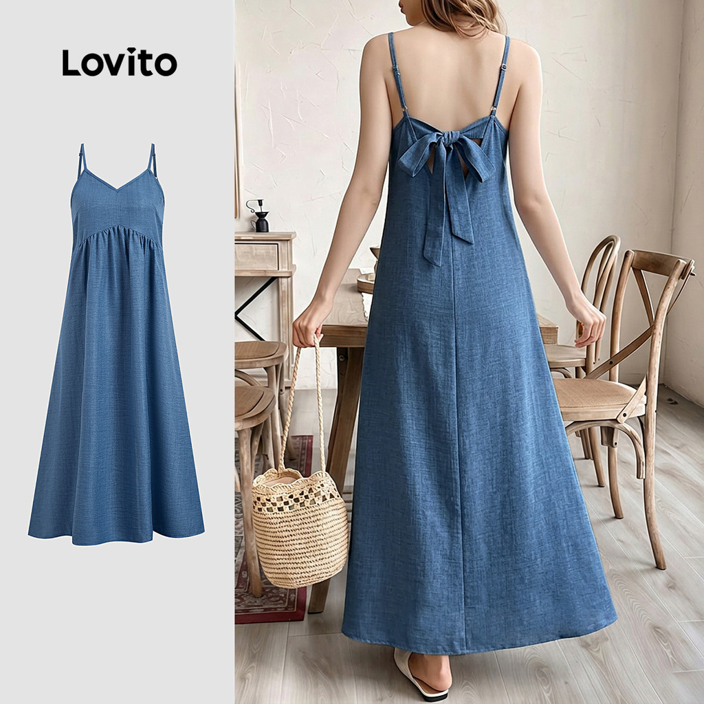Lovito Vestido Boho Simples Estilo Resort para Primavera/verão Azul para mulheres L198ED3145