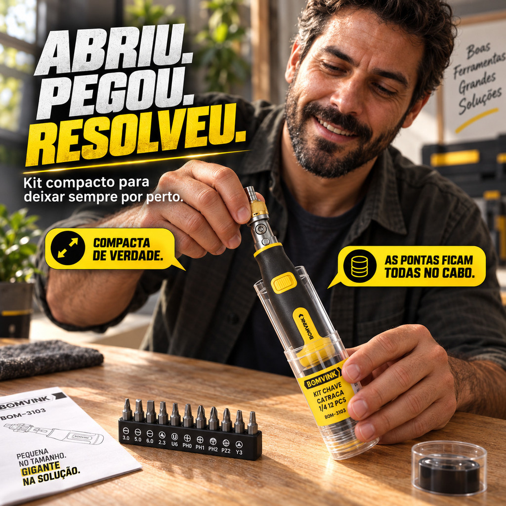 Kit Chave Catraca Reversível Articulada 1/4 BOMVINK 12 Peças com 10 Bits Fenda Phillips Pozidriv Tri Wing U para Reparos