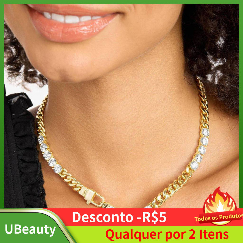 Colares Choker de Corrente Grossa Banhados a Ouro 14K para Mulheres, Colar Dourado Grosso, Colar Tennis para Mulheres, C