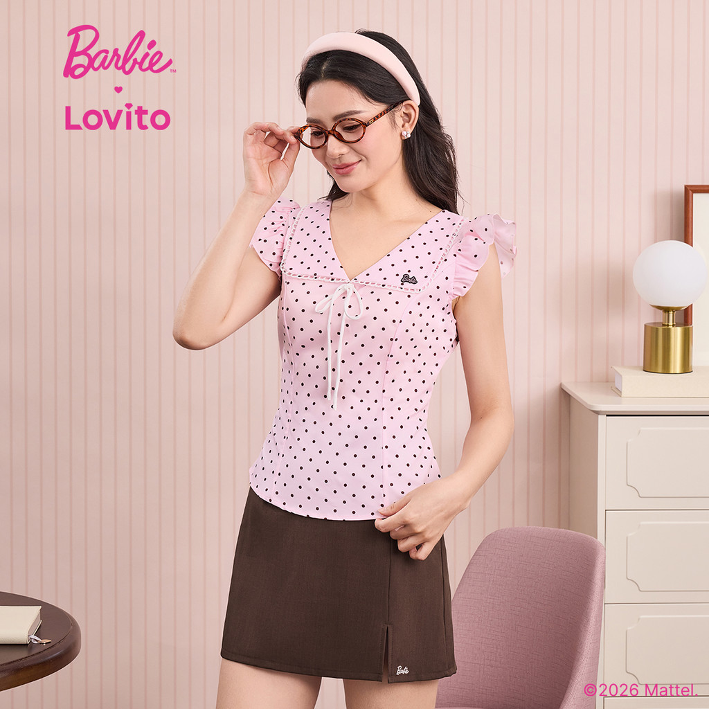 (New Arrival) Barbie™ X Lovito Tops Casuais Ou Inferiores Padrão Babados Bordados Primavera/verão Topo Rosa Tops Ou Inferiores Para Mulheres KSBL6PAD026 · foto 2