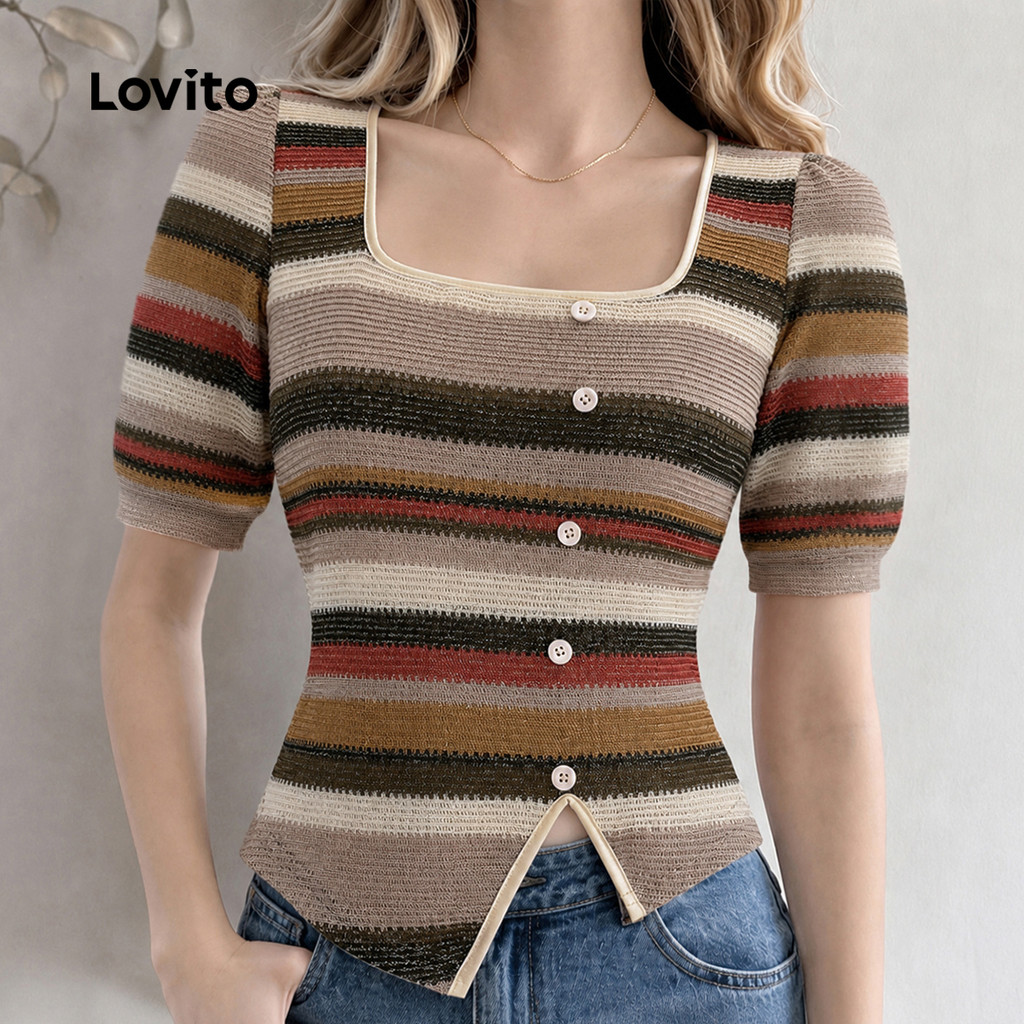 (New Arrival) Lovito Blusa Feminina Elegante Listrada Manga Curta Gola Quadrada Botões Assimétrica Primaveraverão Trabalho BLB205P2D052 — imagem 2 de 2
