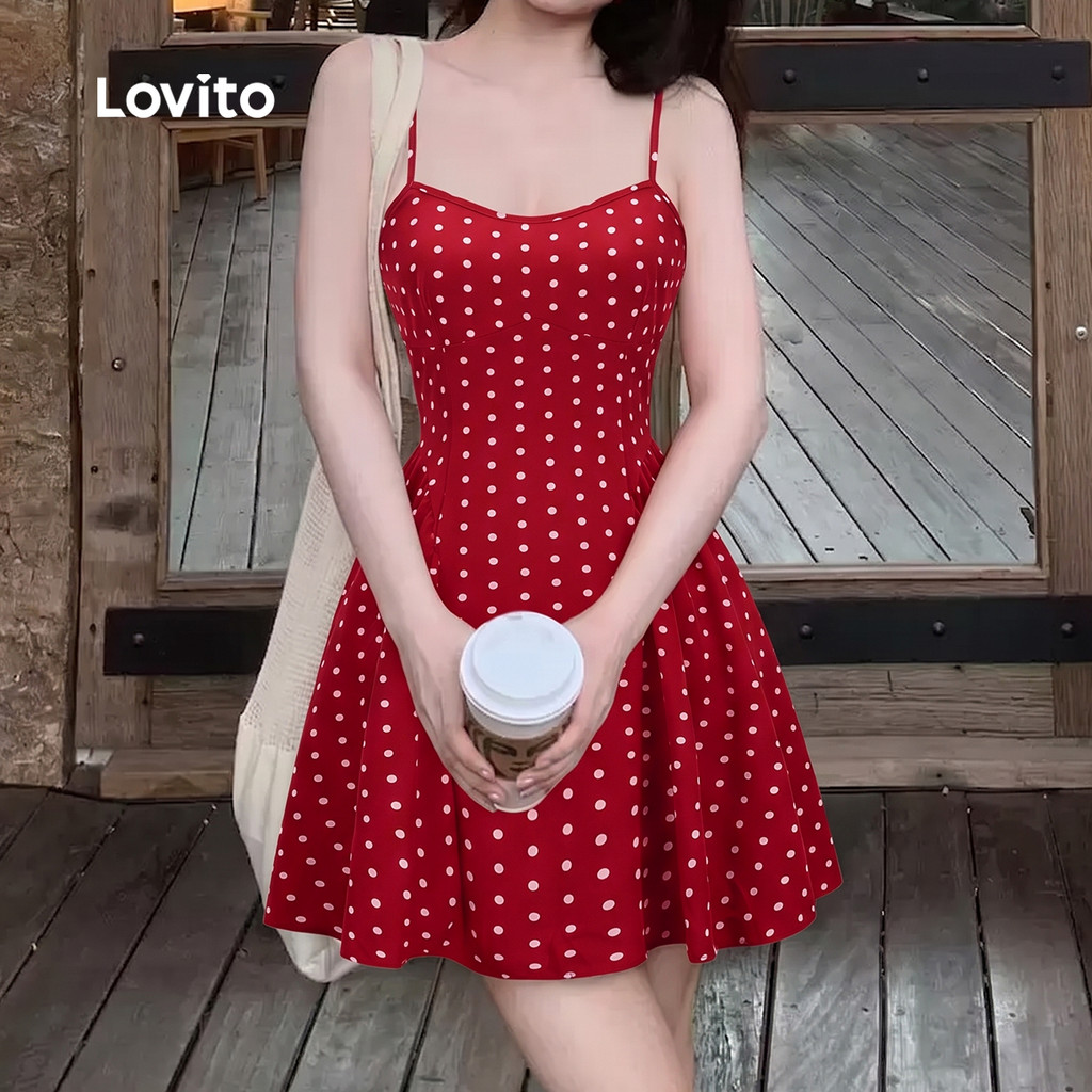 (New Arrival) Lovito Casual Vestido Curto Evase Vermelho Poá Drapeado Pregos Primavera Verão Fim De Semana Para Mulheres DRB204P1D257 · foto 2