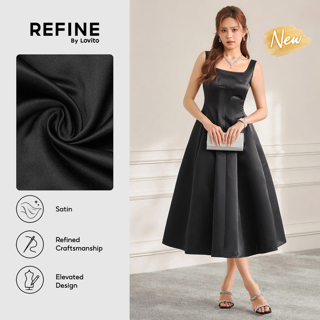 (New Arrival) (Refine by Lovito) Vestido Longo Preto De Cetim Com Estrutura De Bolsos E Corte Reto Para Ocasiões Formais Feminino DRR44P1D101