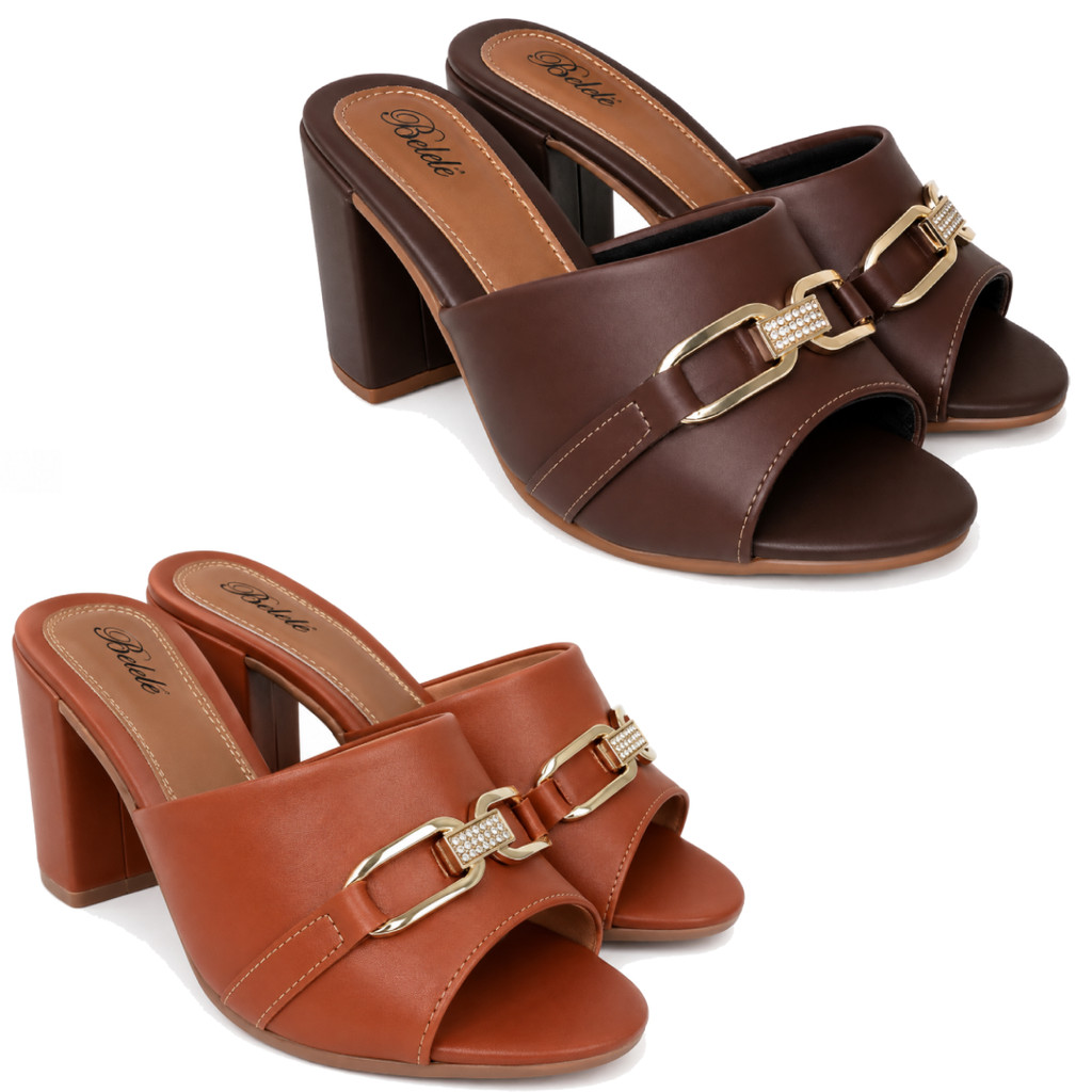 Kit 2 Tamanco Feminino Belelê Fivela Sandália Confortável Salto Alto Elegante Caramelo e Café