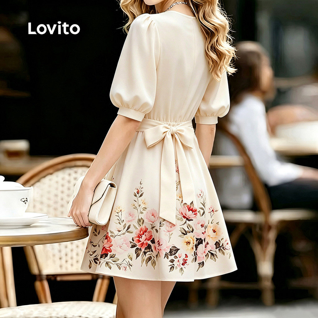 Lovito Vestido Casual Retrô Com Laço E Amarração Cor Cáqui Claro Para Mulheres Para Primavera/verão DRK8P1D686 · foto 2
