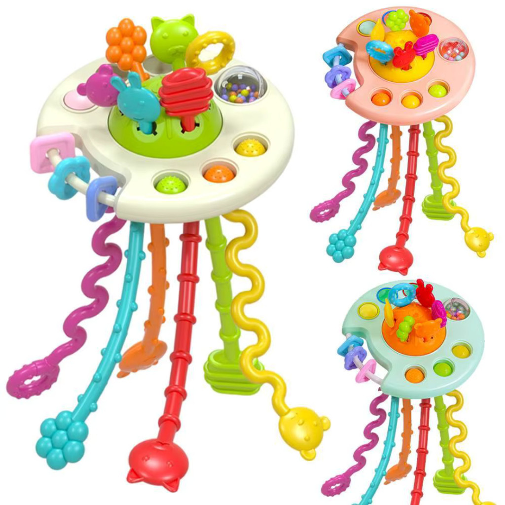 Brinquedo Infantil para Bebês Polvo Sensorial Interativo com Corda de Puxar Mordedor Chocalho Tátil — imagem 2 de 2