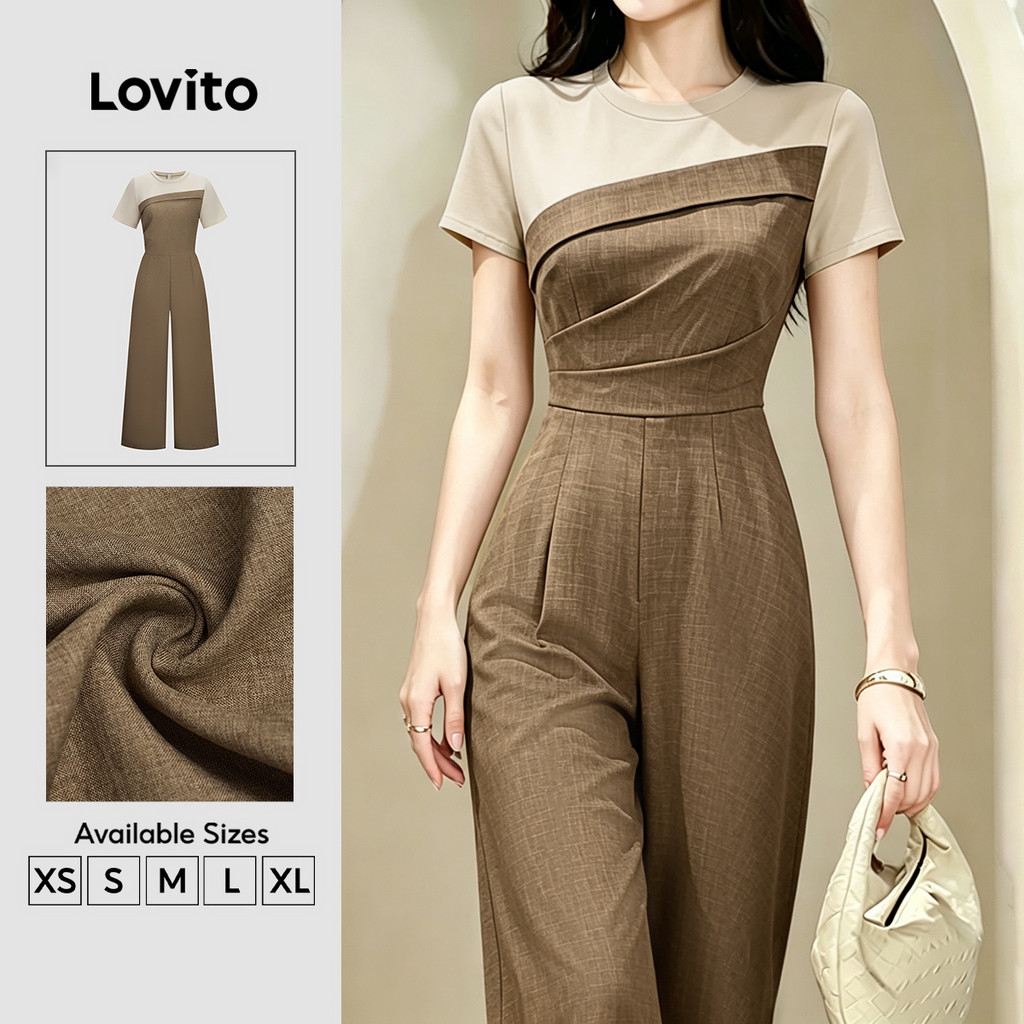 Lovito Elegante Macacão de Tecido com Costuras Assimétrico Bicolor Khaki para Mulheres JRK8P2D467