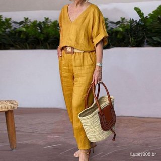 Moda feminina conjunto de 2 peças Casual verão manga curta com decote em V terno de algodão solto