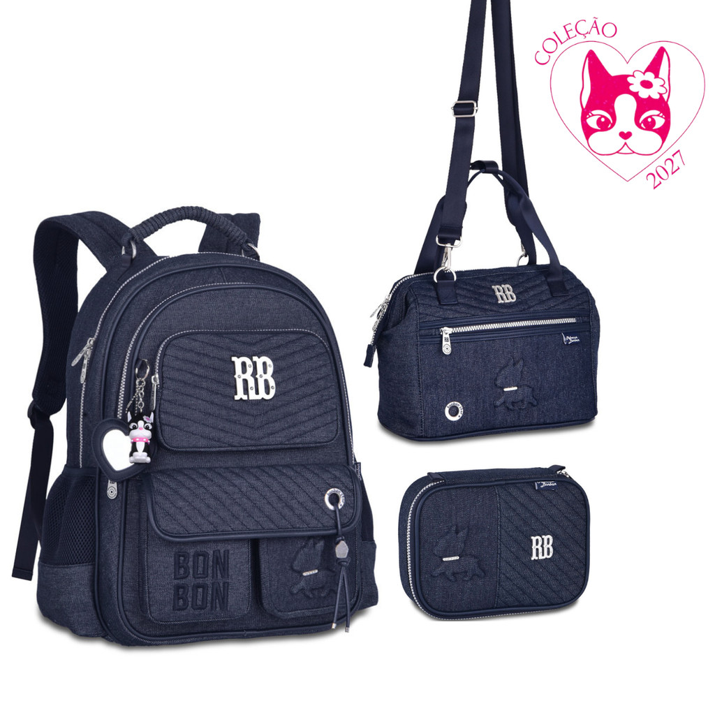 Kit de Mochila Costas,Lancheira e Estojo Rebecca Bonbon Jeans- Clio Style Modelo:RB28034