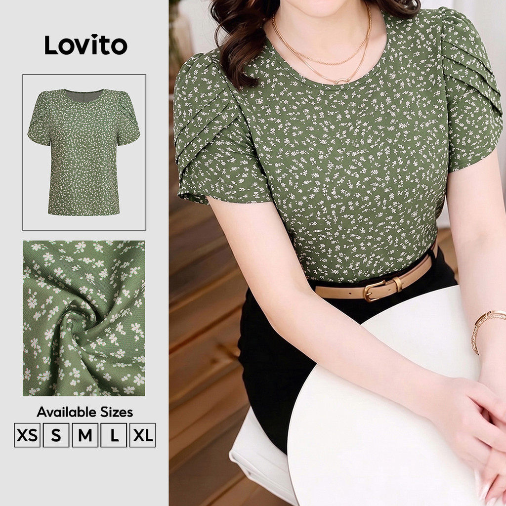 Lovito Blusa Casual Plissada Drapeada Verde para Mulheres primavera/verão BLK8P1D530
