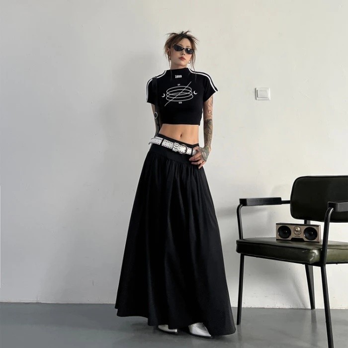 Estilo coreano verão cintura alta estilo Casual saia doce legal quente menina Commuter usar a linha saia longa grande ba