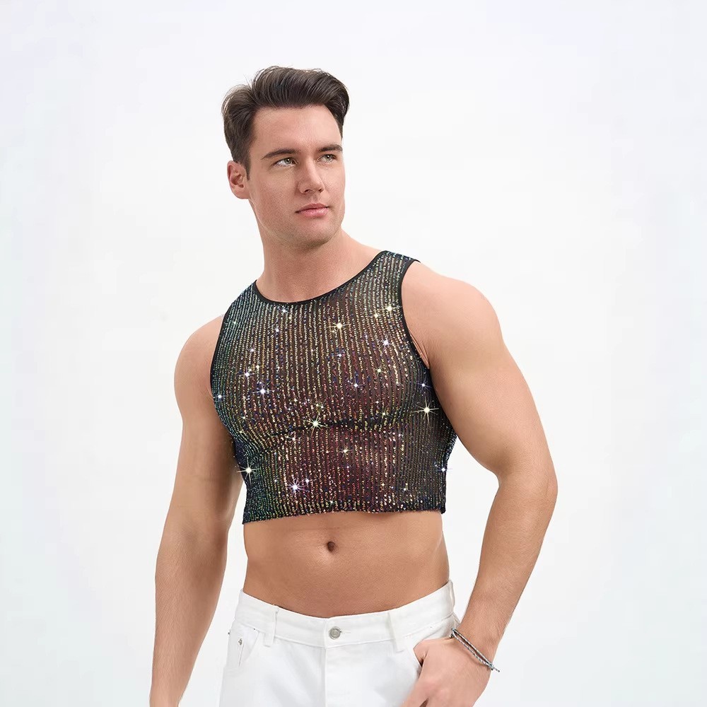 2026 primavera verão roupas masculinas lantejoulas roupas masculinas boate festa roupas exclusivas sem mangas roupas mas