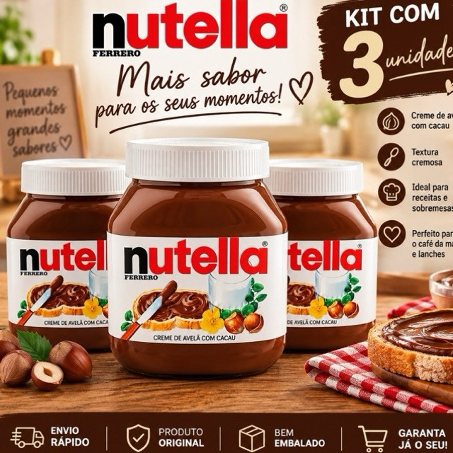 Kit 3 Nutella Creme de Avelã com Cacau Cremoso – Chocolate para Café da Manhã, Lanches, Doces e Sobremesas Ferreiro