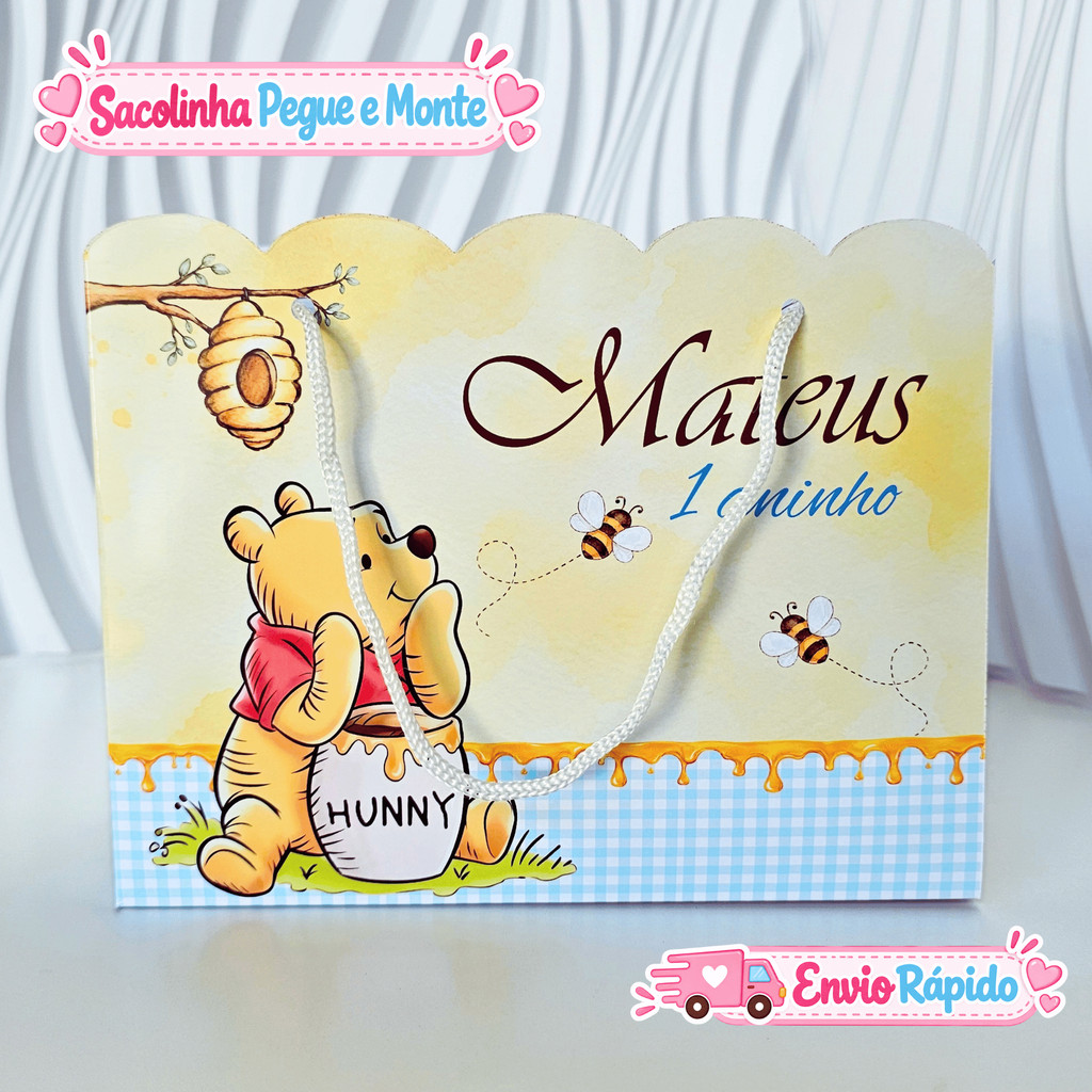 Sacolinha Ursinho Pooh Personalizada | Lembrancinha Festa Infantil | Sacolinha Surpresa Aniversário Menino Menina