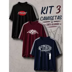 Kit 3 Camisetas Manga Listrada, Estampadas Chronic Pixo - Camisa 100% Algodão, Envio Imediato - Varias Cores