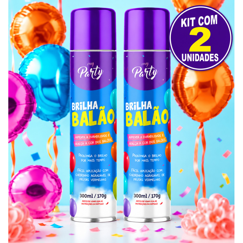 Kit 2 Spray Brilha Balão 300ml – Brilho Intenso para Bexigas e Balões de Festa, Maior Durabilidade e Acabamento Profissi