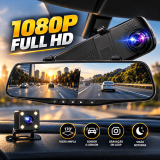 Câmera Retrovisor Dashcam Full HD Dupla Auxiliar De Ré Monitor 24 Horas Grava Em Loop Suporte Micro SD Para Estacionar