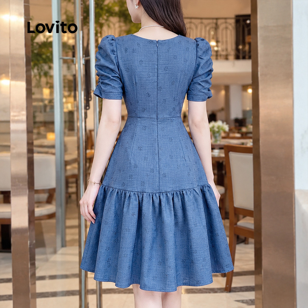 Nacional Lovito Elegante Vestido Feminino Azul Primavera/verão Resort Babados e Flores Confortável Estiloso L172ED280 · foto 2