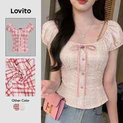 Lovito Casual Blusa Rosa Xadrez Vichy Com Laço Para Look De Primavera/verão Para Mulheres L136AD105