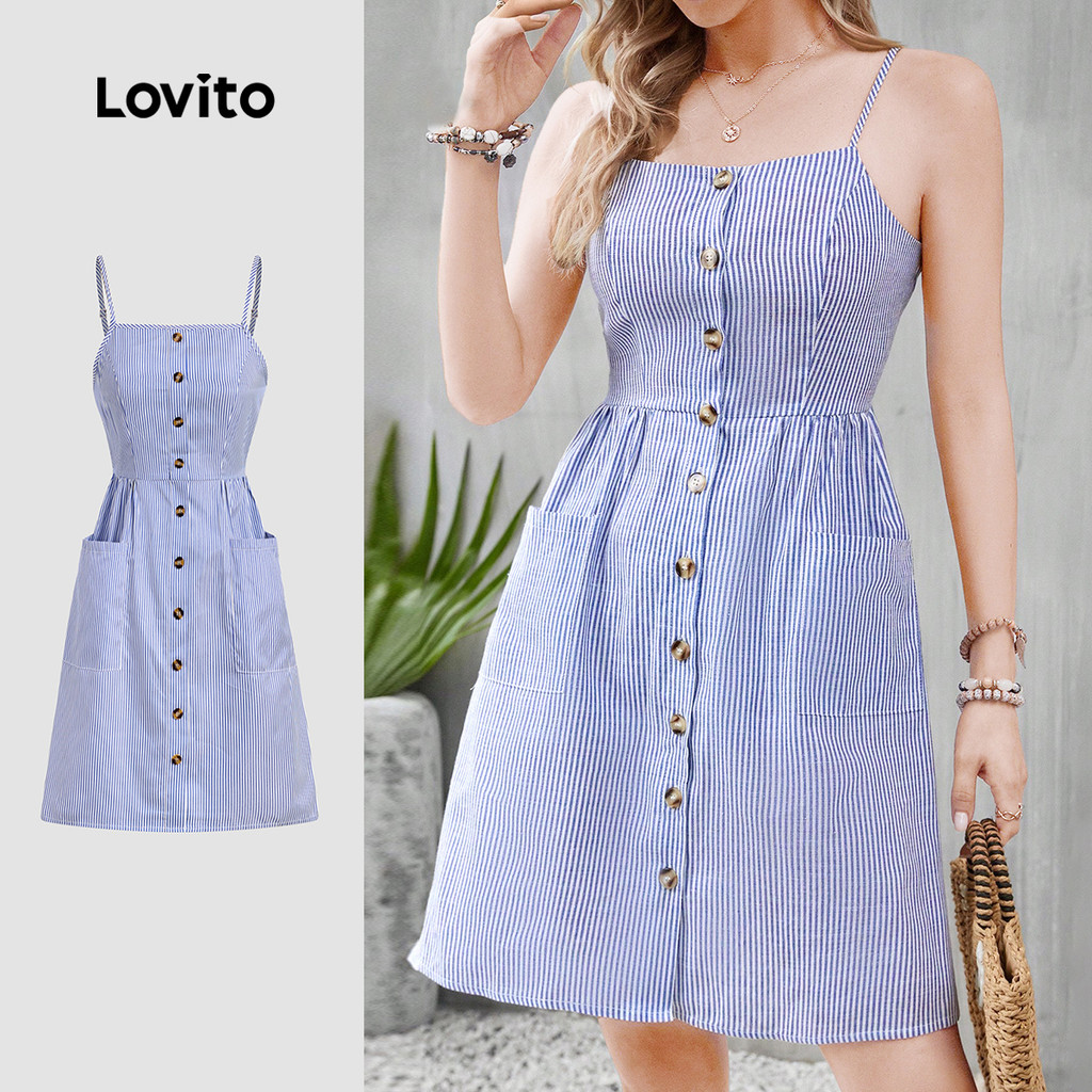 Lovito Casual Vestido Feminino Azul para Primavera/Verão com Botões Frontais e Bolsos Listrados L138ED424