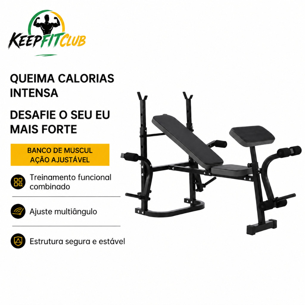 Keepfitclub Banco de Musculação Ajustável Preto Suporta 150kg Dobrável Multifuncional para Treino de Força em Casa