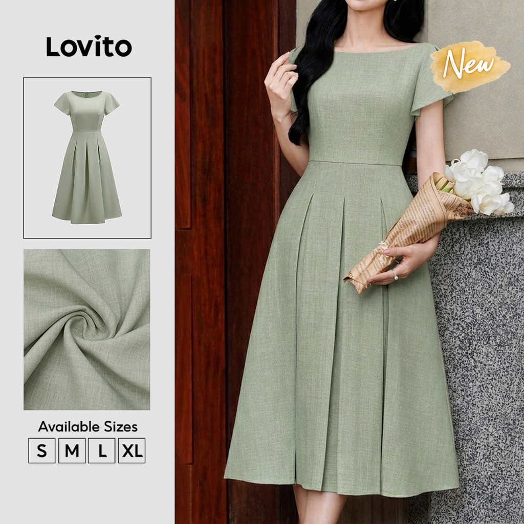 (New Arrival) Lovito Casual Pleated Ruffle Long Spring Summer Holiday Workwear Light Green Dress for Women DRB39BR032