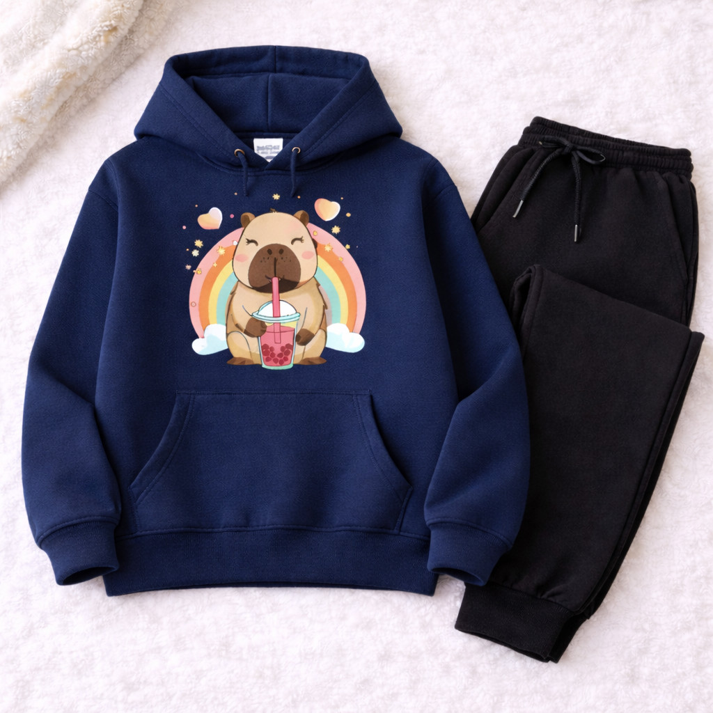 Conjunto Moletom Infantil Canguru Capivara Arco-Íris Estampado Inverno Confortável Menino Menina Premium