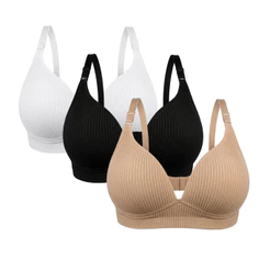 Kit 3 ou 2 Sutiã Plus Size Canelado com Bojo sem Aro Decote em V Alça Grossa Confortável Top Fitness