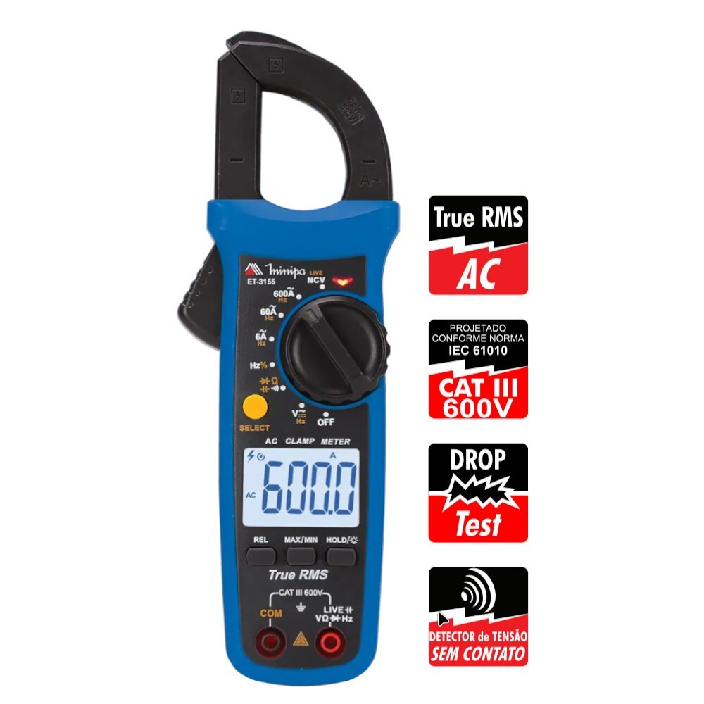 Alicate amperímetro digital CAT III 600V True RMS - ET-3155 - Minipa · foto 2