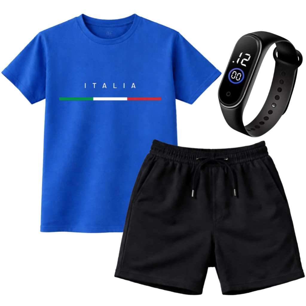 Kit Conjunto Infantil Masculino Camiseta Itália + Short Moletom + Relógio de Brinde,juvenil