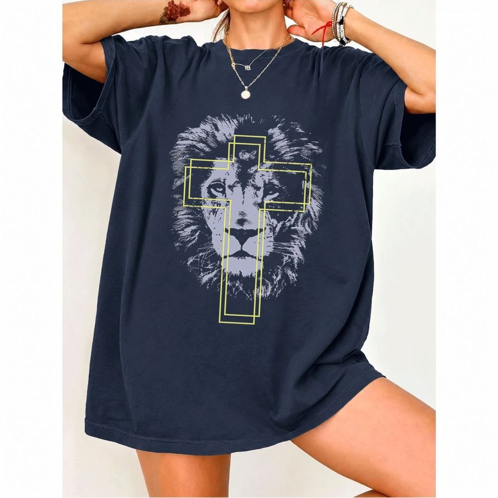 [Camiseta Premium em Algodão Puro]MIA Camiseta Feminina Oversized Streetwear, Estampa de Cruzeiro e Leão, Puro Algodão, 