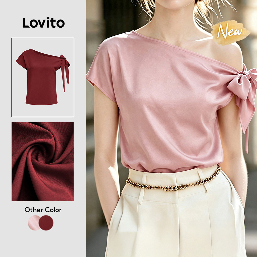 (New Arrival) Lovito Blusa Elegante Rosa com Cadarço Assimétrica primavera/verão BLB201P1D413
