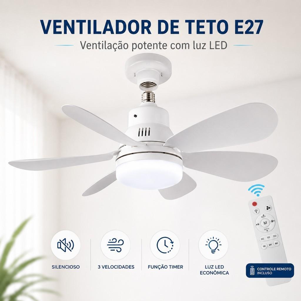 Ventilador De Teto Com Luz LED 6 Hélices 42cm 60W Bivolt Com Controle Remoto 3 Tipos De Luz Para Quarto Sala Casa