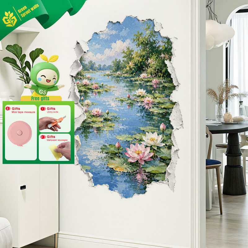 3D Visual Lotus Pond Fundo de parede Adesivos decorativos Planta Flor Efeito Adesivos de parede removíveis