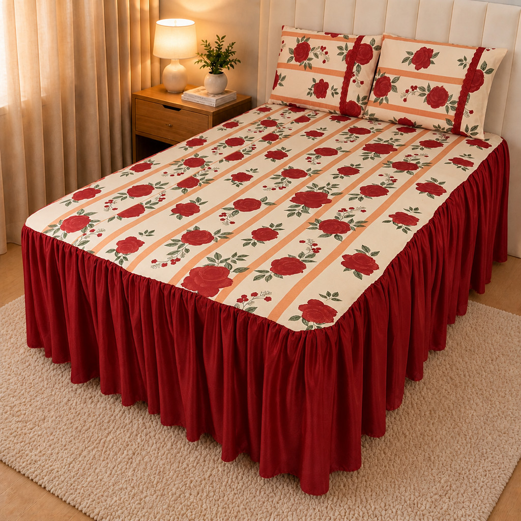 Lençol Colcha Super King Estampada com Babado e Elástico Malha 100% Algodão Kit 3 Peças 2 Fronhas Cama Box Premium