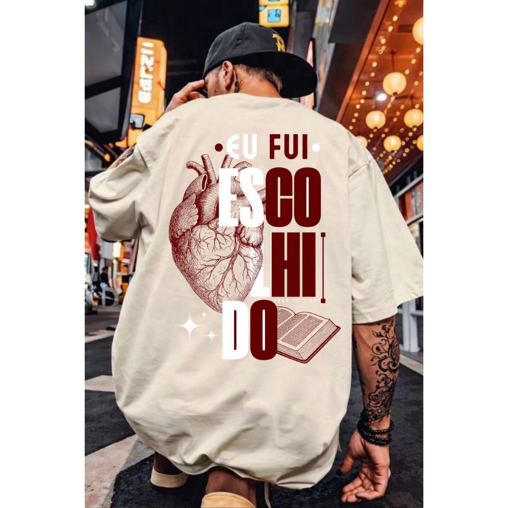 Camiseta Oversized Streetwear Feminina e Masculino Blusa Larga Gola Canelada Cristã Estampada